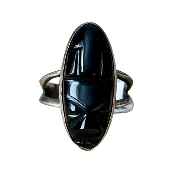 Sterling Silver Carved Face Ring, Vintage Mexican Tribal Jet Face Ring Sz 9.5 - Picture 1 of 6